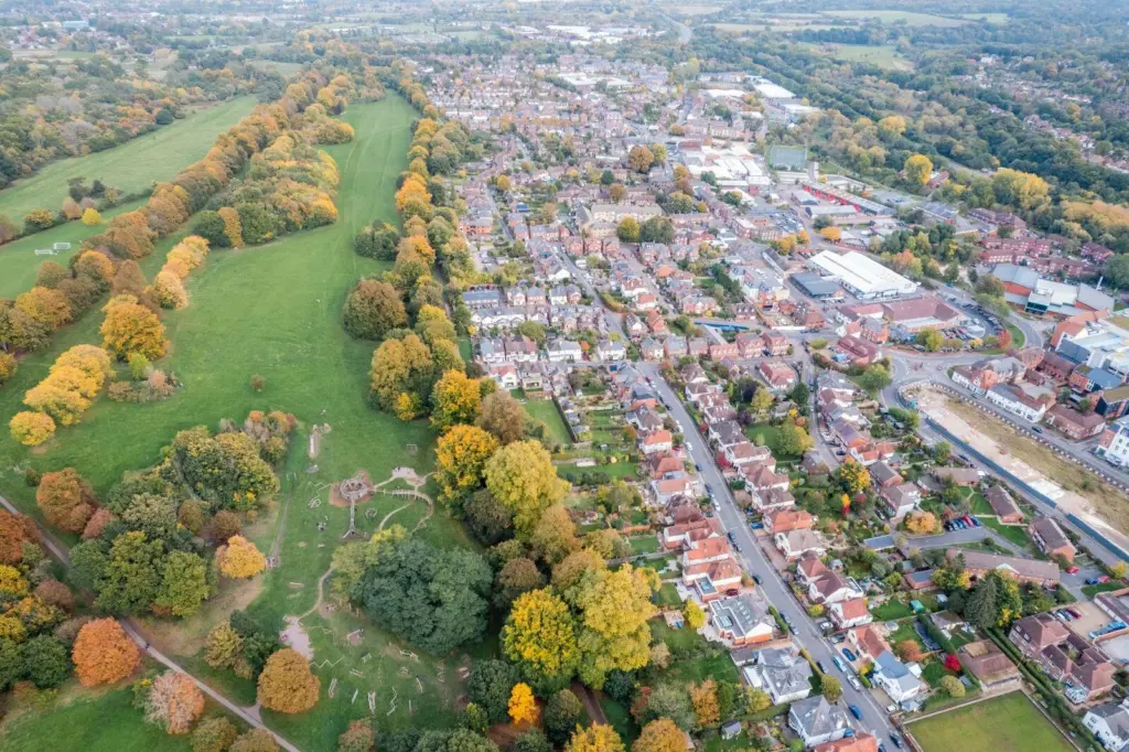 Ariel view of towns inside Surrey